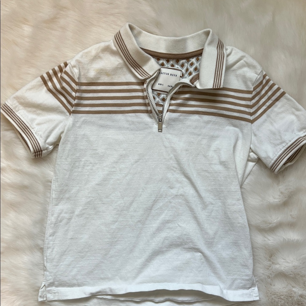 Classic White and Tan Striped Kids Polo